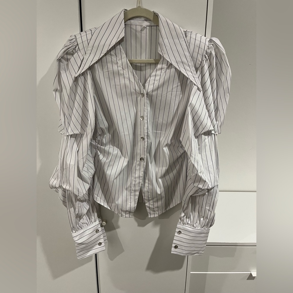 Innovare Denim White Puff Sleeve Button-Down Blouse, Size L